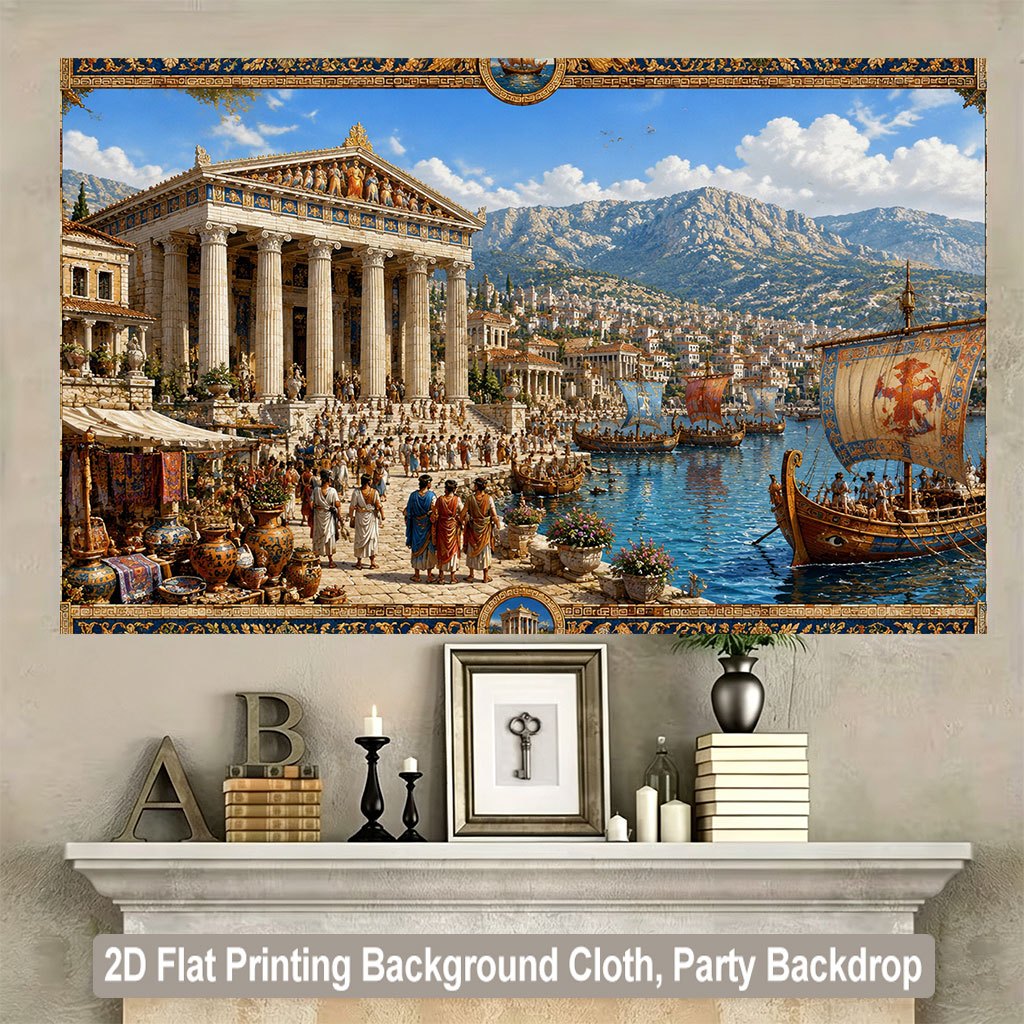 Busy Ancient Greek Market Scene Background Cloth Banner